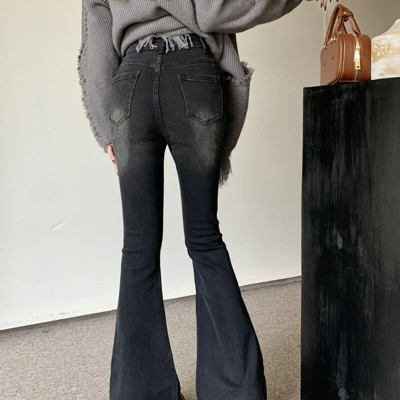H.sa Women Korean Flare Jeans Streetwear Y2K Straight Pants Vintage Bell Bottom Denim Jeans Lady Party Casual Korean Skinny Pant