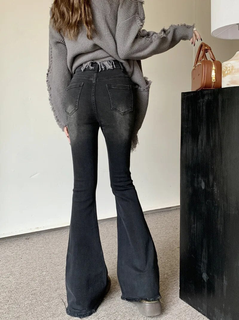 H.sa Women Korean Flare Jeans Streetwear Y2K Straight Pants Vintage Bell Bottom Denim Jeans Lady Party Casual Korean Skinny Pant
