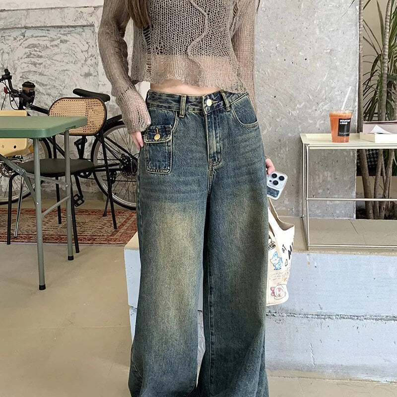 H.sa Y2K Women Vintage Streetwear Korean Baggy Blue Jeans High Waist Straight Wide Leg Pants Denim Trousers Fairy Grunge Buttoms RH9010
