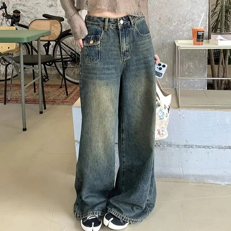 H.sa Y2K Women Vintage Streetwear Korean Baggy Blue Jeans High Waist Straight Wide Leg Pants Denim Trousers Fairy Grunge Buttoms