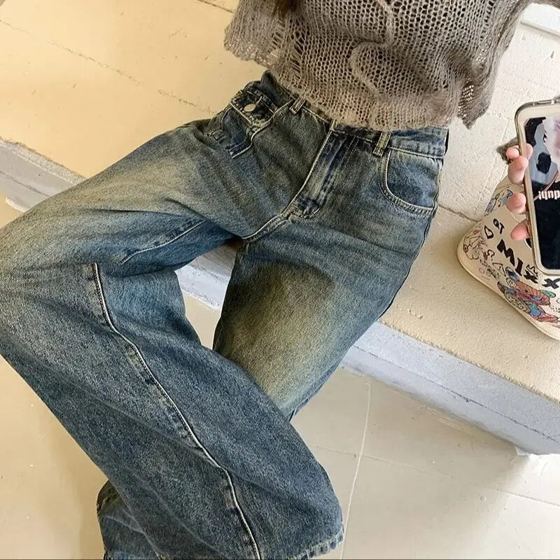 H.sa Y2K Women Vintage Streetwear Korean Baggy Blue Jeans High Waist Straight Wide Leg Pants Denim Trousers Fairy Grunge Buttoms