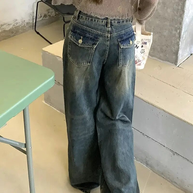 H.sa Y2K Women Vintage Streetwear Korean Baggy Blue Jeans High Waist Straight Wide Leg Pants Denim Trousers Fairy Grunge Buttoms