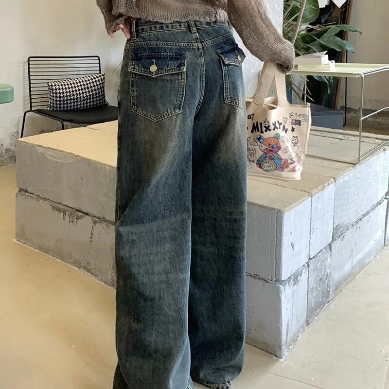 H.sa Y2K Women Vintage Streetwear Korean Baggy Blue Jeans High Waist Straight Wide Leg Pants Denim Trousers Fairy Grunge Buttoms