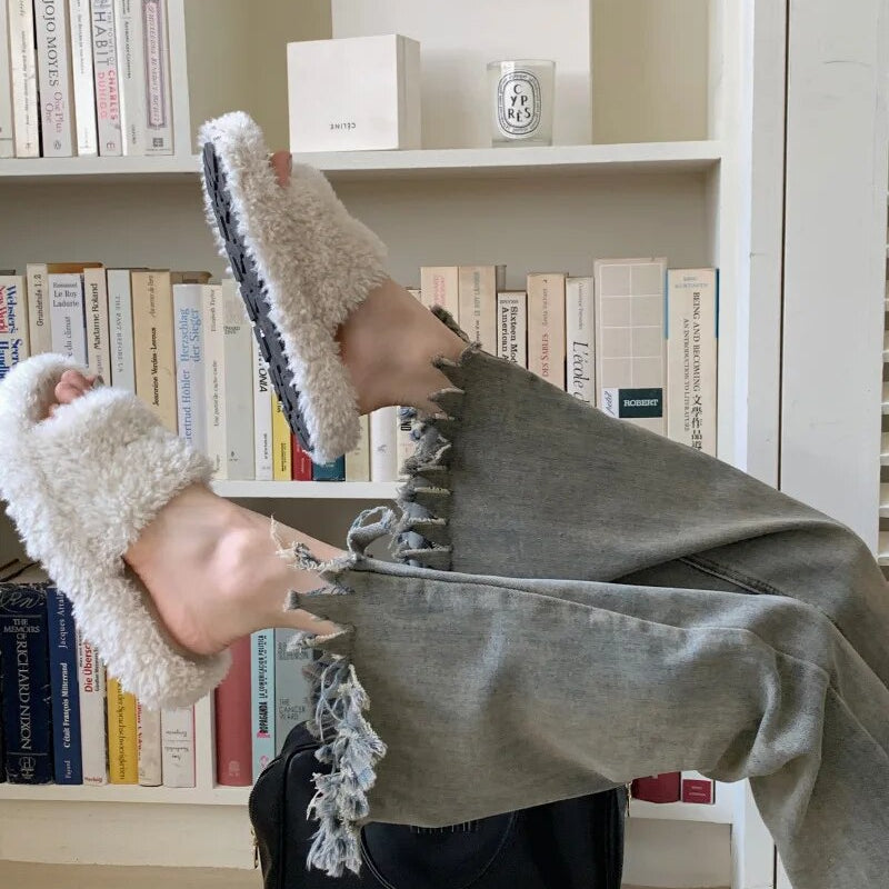 H.sa Y2K washed jeans women's blue wide leg pants High waist thin micro boot Cut mop straight pants Ruffles Flare Trousers