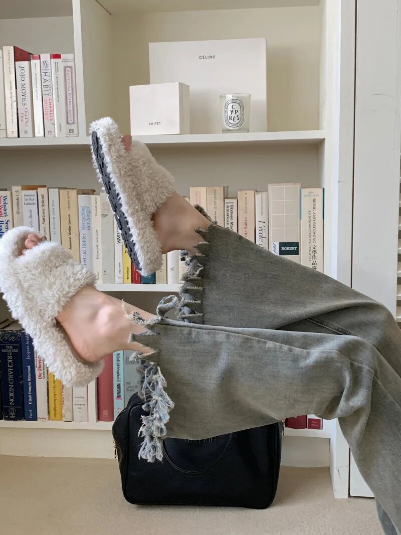 H.sa Y2K washed jeans women's blue wide leg pants High waist thin micro boot Cut mop straight pants Ruffles Flare Trousers