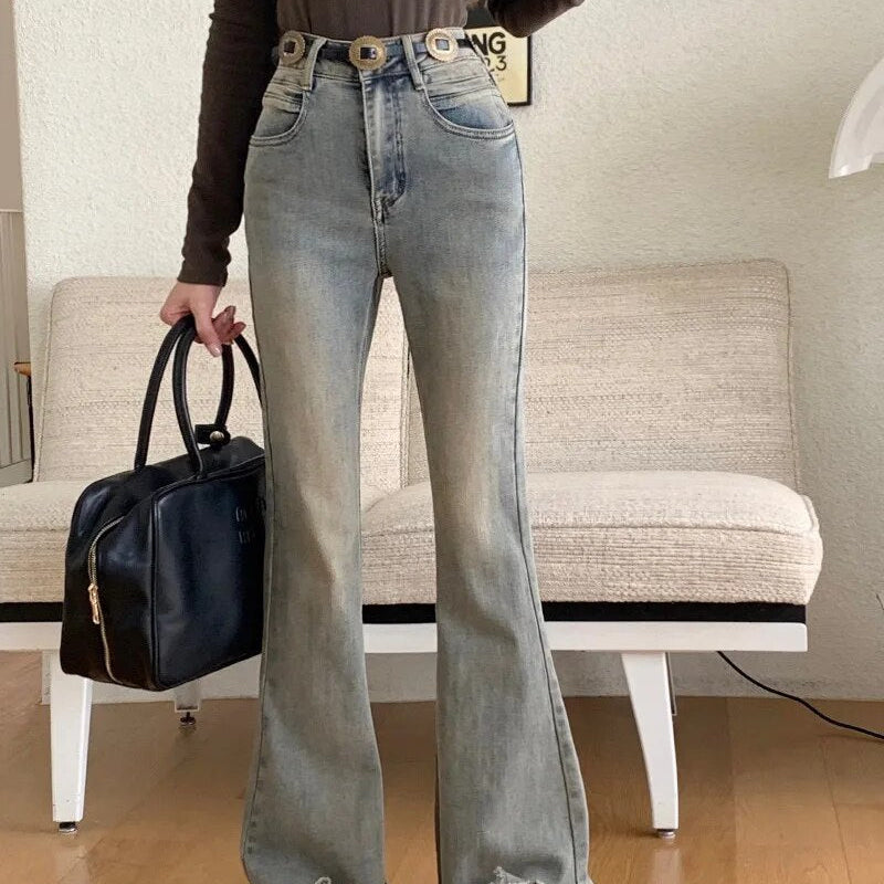 H.sa Y2K washed jeans women's blue wide leg pants High waist thin micro boot Cut mop straight pants Ruffles Flare Trousers RH8867 Blue