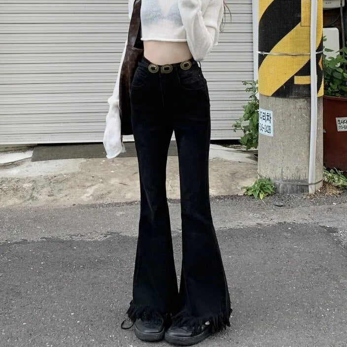 H.sa Y2K washed jeans women's blue wide leg pants High waist thin micro boot Cut mop straight pants Ruffles Flare Trousers RH8867 Black