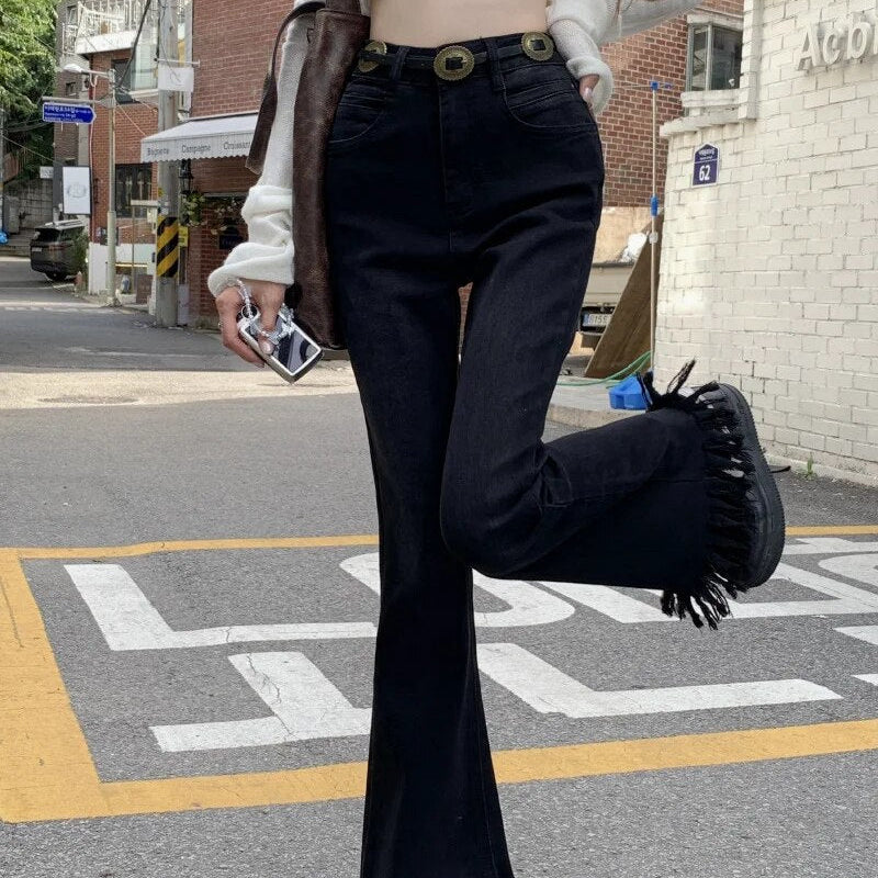 H.sa Y2K washed jeans women's blue wide leg pants High waist thin micro boot Cut mop straight pants Ruffles Flare Trousers