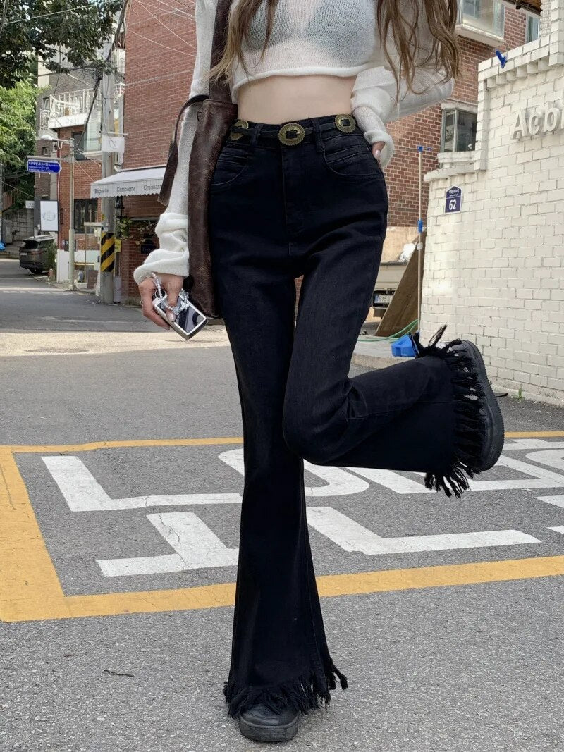 H.sa Y2K washed jeans women's blue wide leg pants High waist thin micro boot Cut mop straight pants Ruffles Flare Trousers