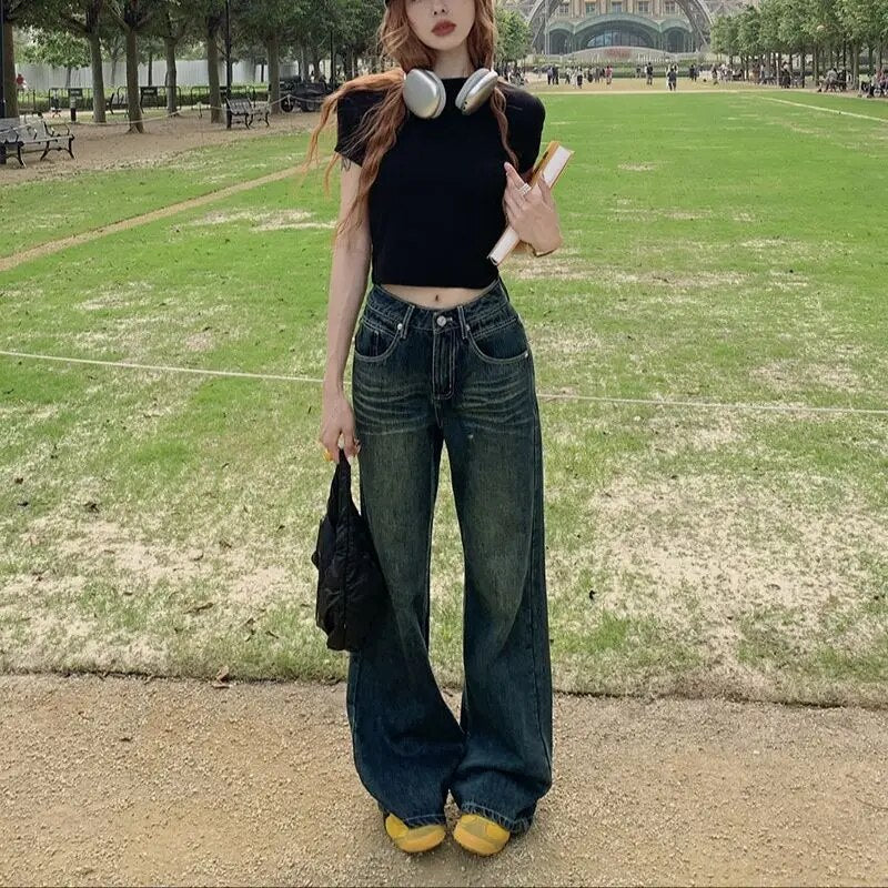 H.sa Y2k Vintage Jeans Women Autumn Gyaru Blue Baggy Wide Low Rise Denim Pants Korean Fashion Baddies Streetwear Trousers