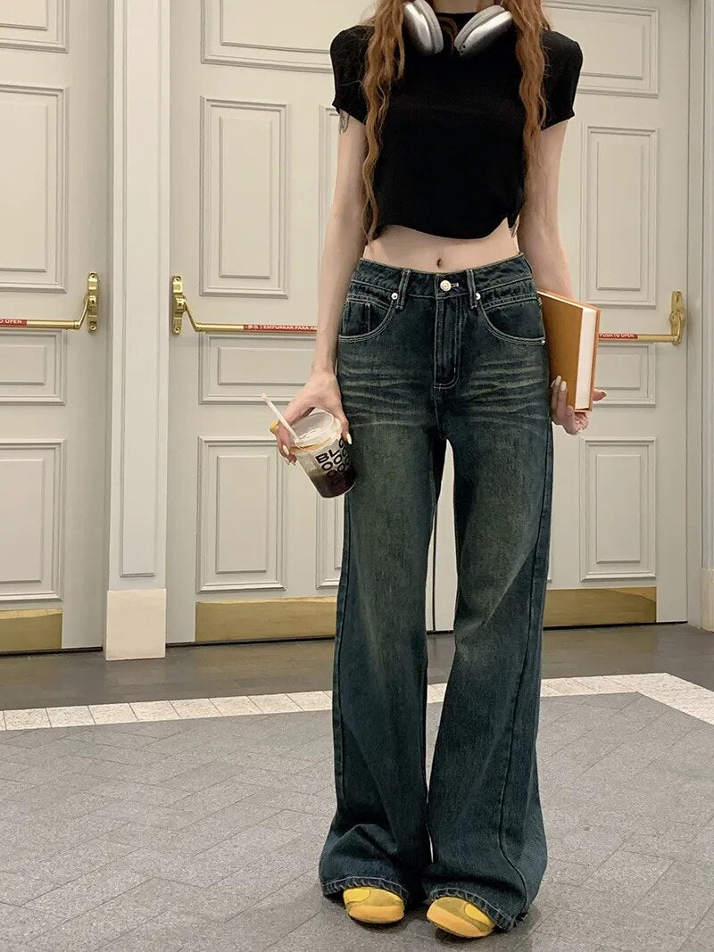 H.sa Y2k Vintage Jeans Women Autumn Gyaru Blue Baggy Wide Low Rise Denim Pants Korean Fashion Baddies Streetwear Trousers