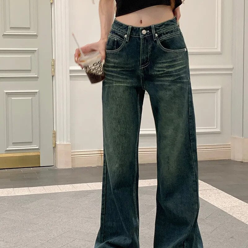 H.sa Y2k Vintage Jeans Women Autumn Gyaru Blue Baggy Wide Low Rise Denim Pants Korean Fashion Baddies Streetwear Trousers RH8601
