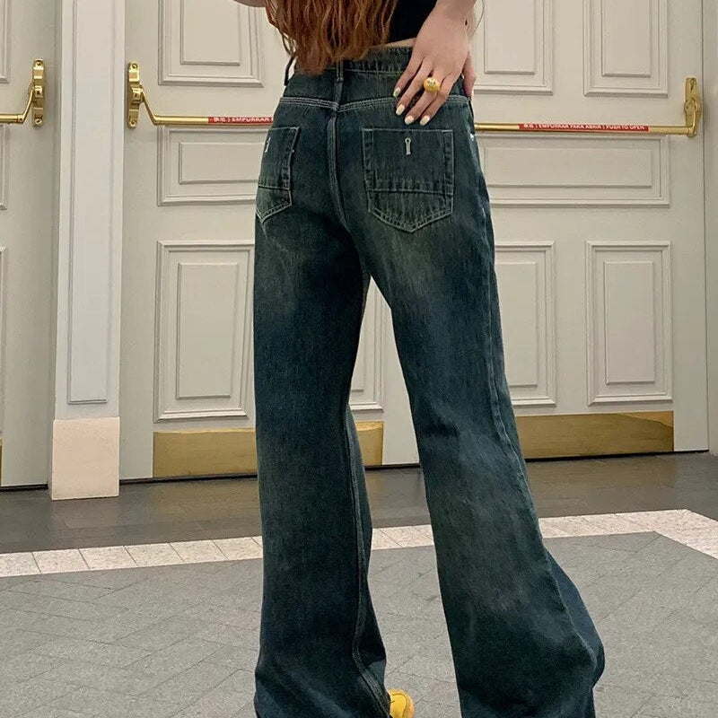 H.sa Y2k Vintage Jeans Women Autumn Gyaru Blue Baggy Wide Low Rise Denim Pants Korean Fashion Baddies Streetwear Trousers