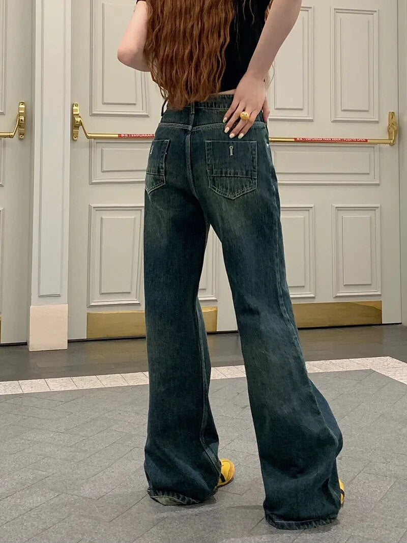 H.sa Y2k Vintage Jeans Women Autumn Gyaru Blue Baggy Wide Low Rise Denim Pants Korean Fashion Baddies Streetwear Trousers