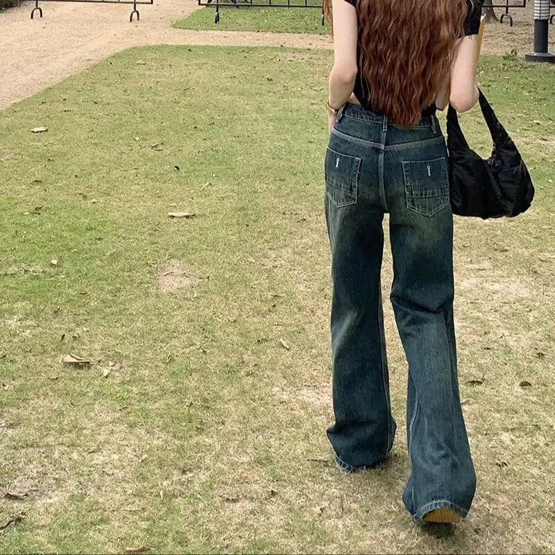 H.sa Y2k Vintage Jeans Women Autumn Gyaru Blue Baggy Wide Low Rise Denim Pants Korean Fashion Baddies Streetwear Trousers