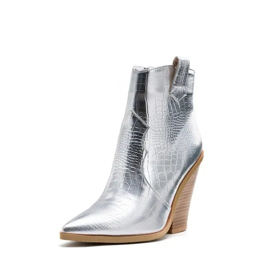 MStacchi Gold Snake Print Ankle Boots For Women Wedge High Heels Boots Woman Runway Design Chunky Heels Botas Mujer Western boot sliver