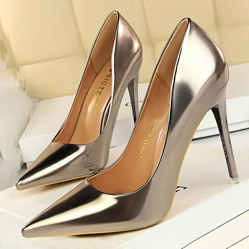 Shoes Woman Pumps Patent Leather High Heels Shoes Women Basic Pump Wedding Shoes Female Stiletto Women Heel Plus Size 43 Bronze