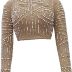 Black Pearls Beading Two Pieces Set Rayon Bandage Set Club Party Fashion Outfit Nude Top