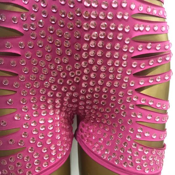Shining Rhinestones Bra Hole Hollow Shorts Set Women Pink Crystal Bikini High Waist Pants Outfits Birthday Party Singer Costume
