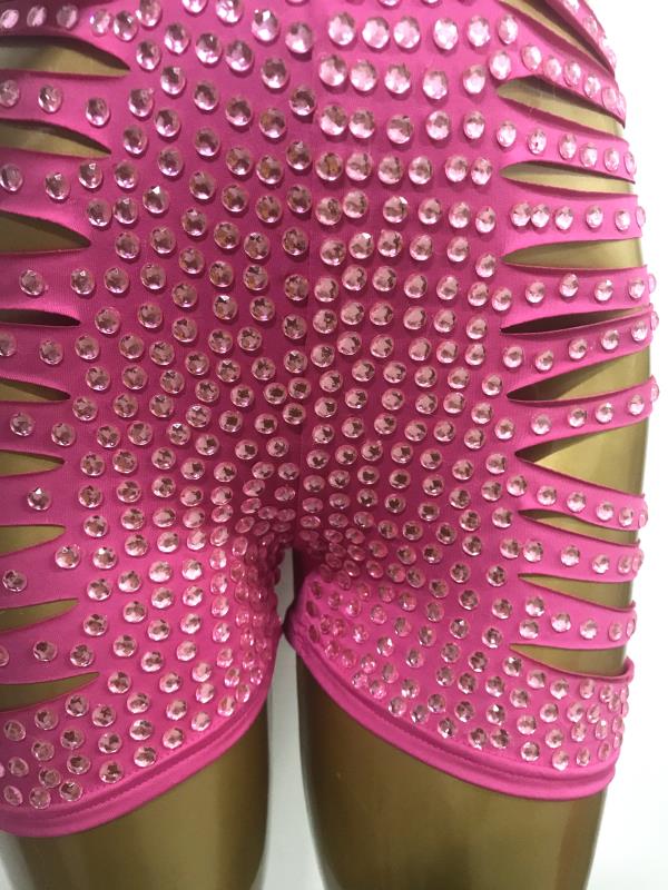 Shining Rhinestones Bra Hole Hollow Shorts Set Women Pink Crystal Bikini High Waist Pants Outfits Birthday Party Singer Costume