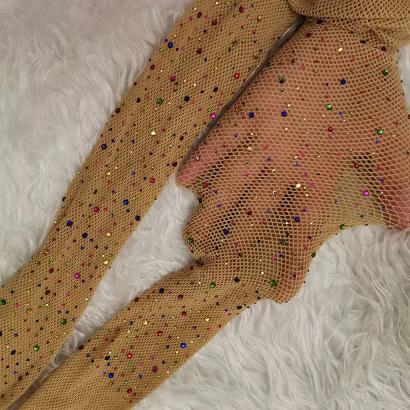 Sexy Glitter Small Mesh Thin Pantyhose Women Individuality Shiny Fishnet Tights Sell Well Khaki colorful one size
