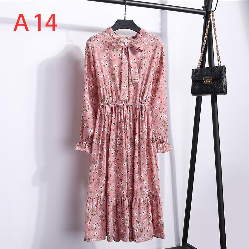Plus Size Women's Clothing Long Sleeve Chiffon Shirt Dresses For Women Red Bow Floral Club Party Autumn Winter платье Woman A14