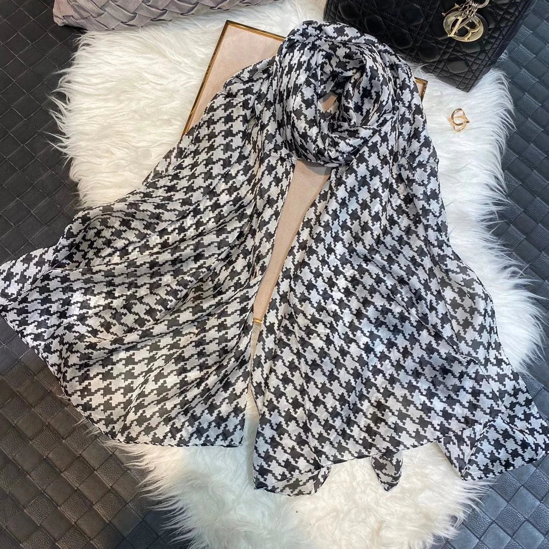 [BYSIFA] Ultralarge Spring Autumn Silk Scarf Wraps Brand Female Long Scarf Cape Fashion New Design Lace Pattern Blue Silk Scarf black white