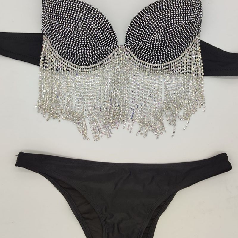 Sexy Women's Swimwear Rhinestone Bikini Crystal Diamond Push Up Swimsuit Tassels Jewelry Bathing Suits