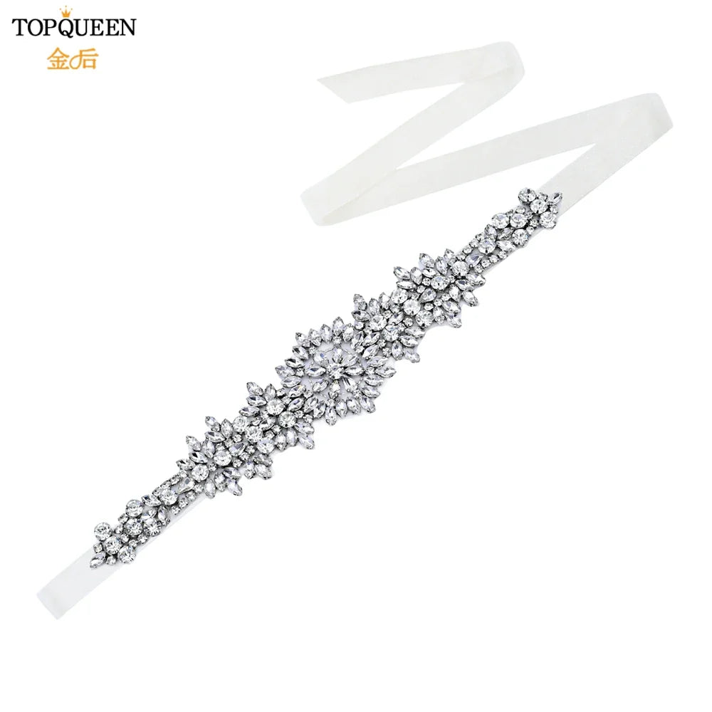 TOPQUEEN S319 Rhinestones Wedding Belt Sparkly Bride Dress Decorative Sash with Stone Jeweled Satin Ribbons Silver Gown Applique Organza ivory