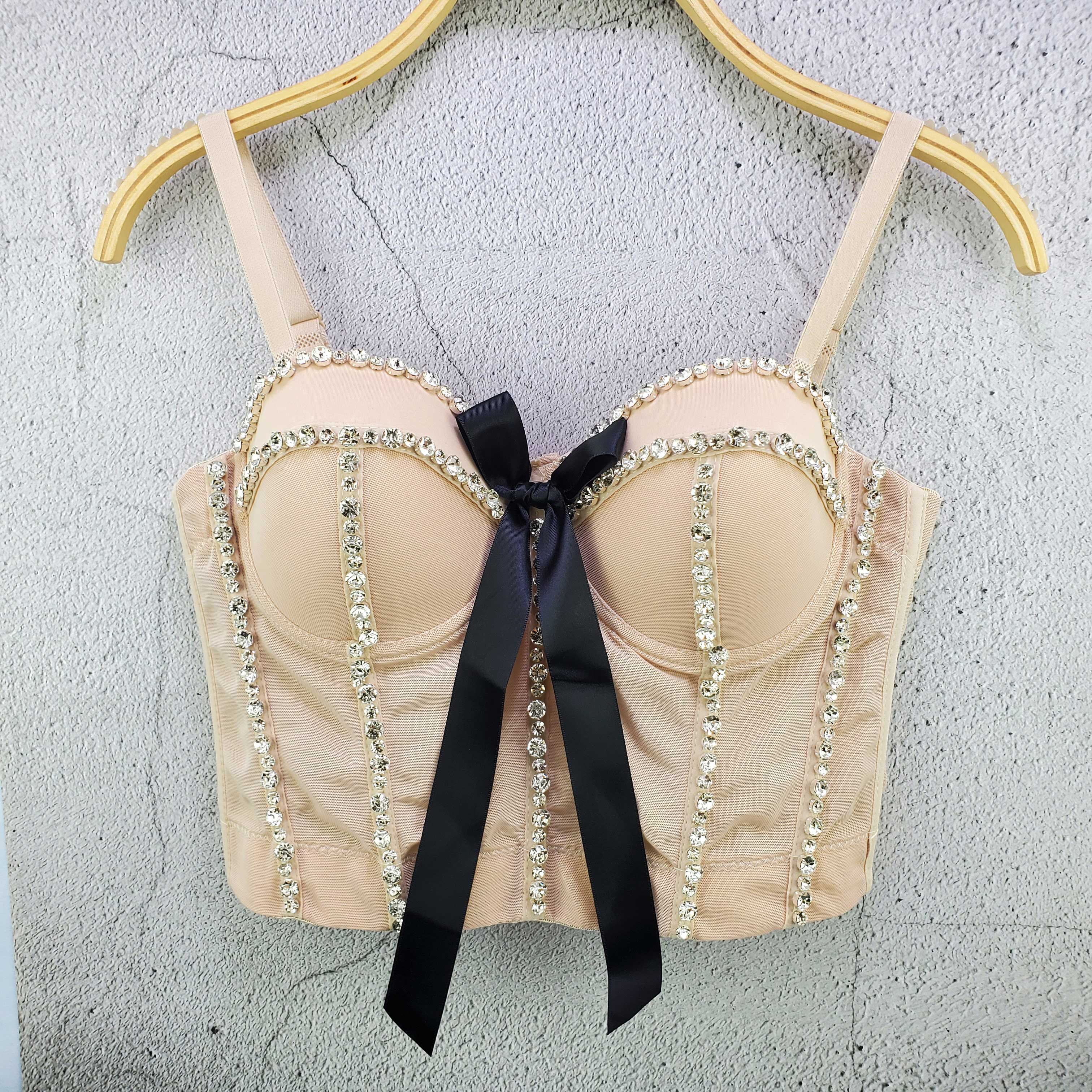 Women New Fashion Sexy Beaded Rhinestone Bow Mesh Camisole Wear Sleeveless Ropa De Mujer Short Bustier Corest Crop Tops S218