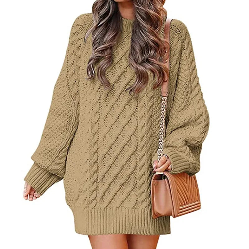 13 Colors Women Crewneck Long Sleeve Oversized Tops Cable Knit Chunky Pullove Thick Autumn and Winter Sweater Dresses Khaki