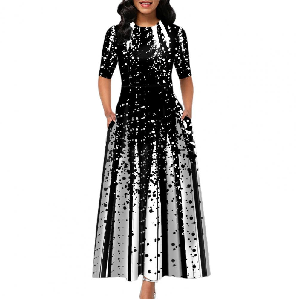 Summer Lady Pullover Dress - Dot Printing Round Neck Large Hem Dress Printing Half Sleeve Ankle-Length Dress Women Black