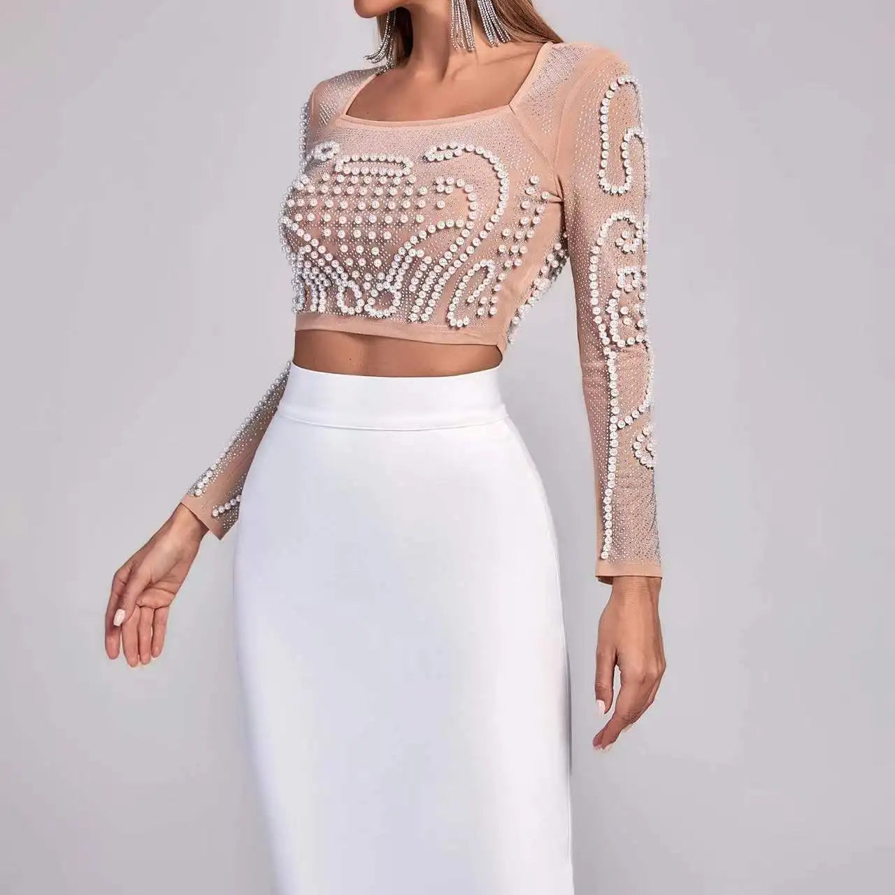 Top Celebrity Black White Two Pieces Set Pearl Beading Hollow Out Rayon Bandage Dress Party Fashion Dress Vestidos