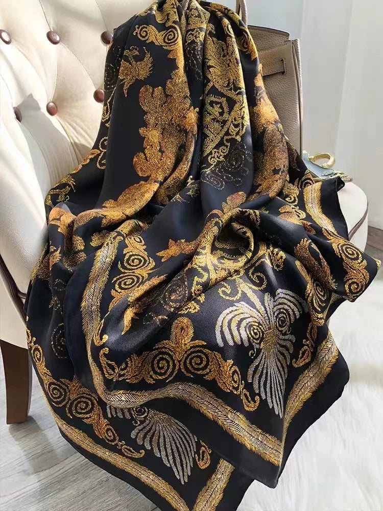 Coffee Gold 100% Mulberry Silk Women's Scarf Bandana Fashion Plaisley Style Square Scarves Hijabs Winter Brand Headscarf Foulard black gold