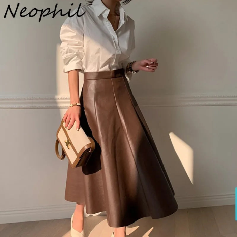 Neophil Chic Ladies Latex Flare Black Skirts Vintage Pu Faux Leather Ball Gown Long Skirt Thick Party A-Line Swing Faldas S21836