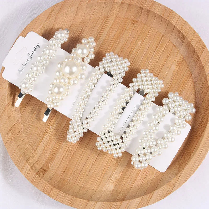 5Pcs/Set Fashion Pearl Hair Clip Snap Button Hair Pins for Women Sweet Pearl Hairpin Hair Clips Jewelry Lady Barrette Stick 7 silver color