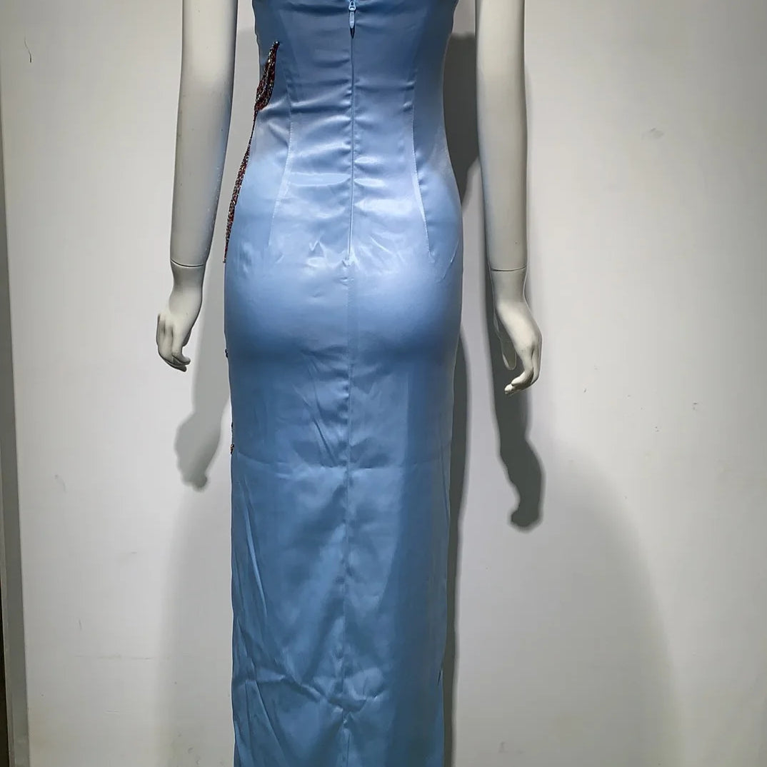 Blue Beaded Sequins Star Slim Sexy Spaghetti Strap Ruffle Celebrity Night Club Party Designer Dress Vestidos