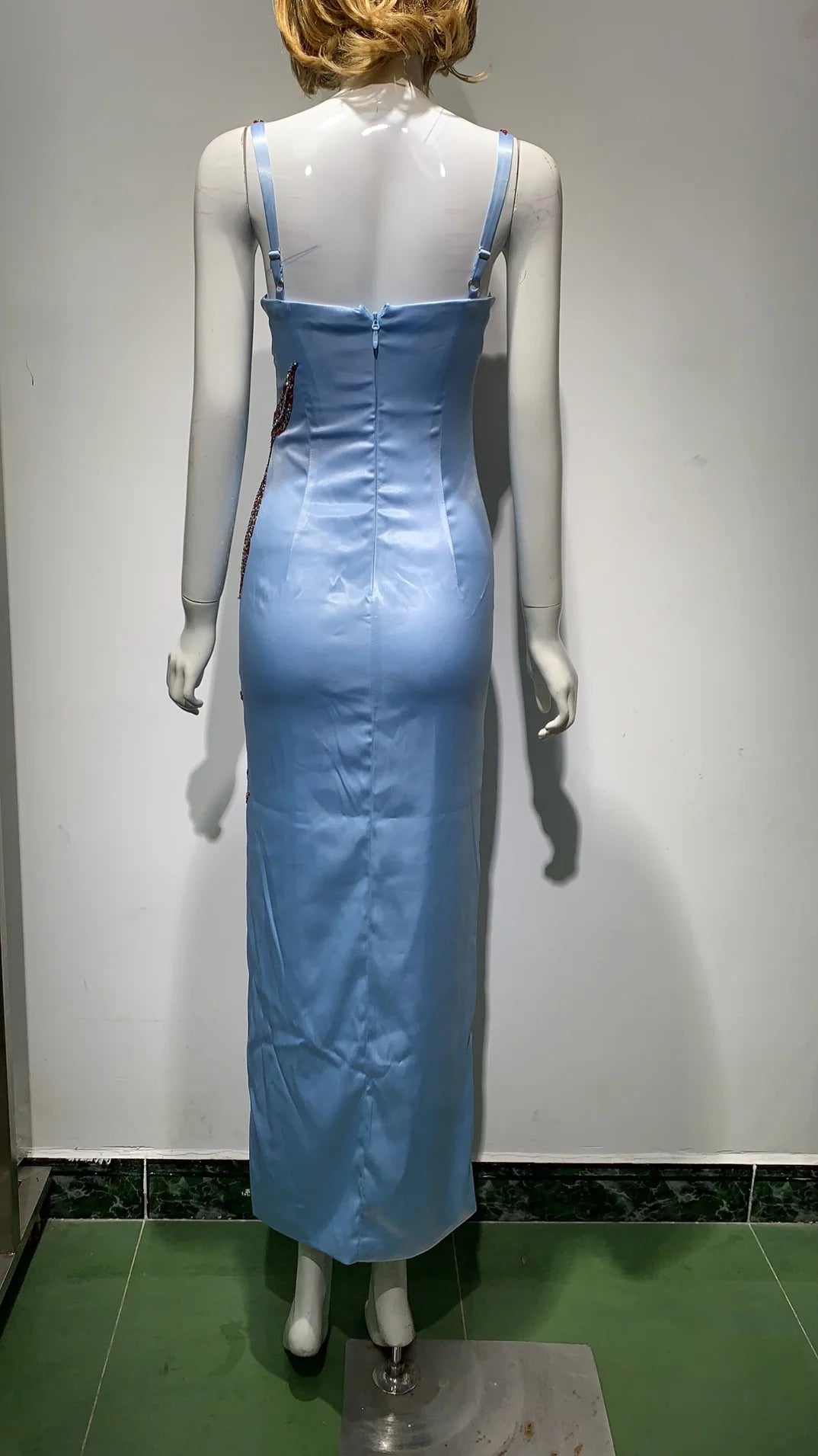 Blue Beaded Sequins Star Slim Sexy Spaghetti Strap Ruffle Celebrity Night Club Party Designer Dress Vestidos