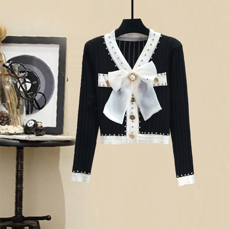 Women Autumn Winter Vintage fragrant Knitted Two Pieces Sets Korean Long Sleeve Knit Cardigan And High Waist Plaid Skirts Sets picture