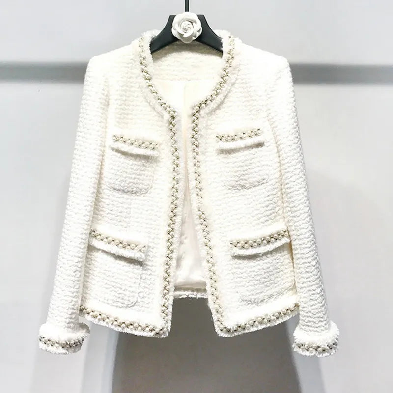 Veste femme en tweed blanc perles faites à la main printemps/automne/hiver manteau en laine nouvelle veste classique en laine dames 