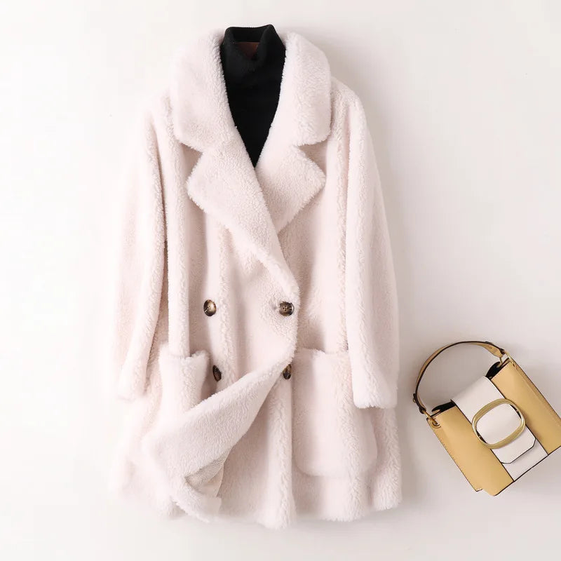 Real Fur Coat Australian Womens Natural Wool Coats Thick Warm Elegant Loose Large Size Long Outwear For Women Off-White
