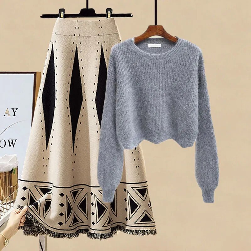 Women Autumn Winter Warm Knitted Two Pieces Sets Korean Long Sleeve Pullover Sweater Top And High Waist Skirts Sets