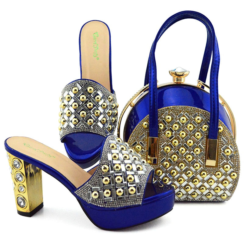 Summer New Coming Italian design Teal Color Shoes And Bag To Match Set Nigerian High Heels Party with Mature style Royal Blue