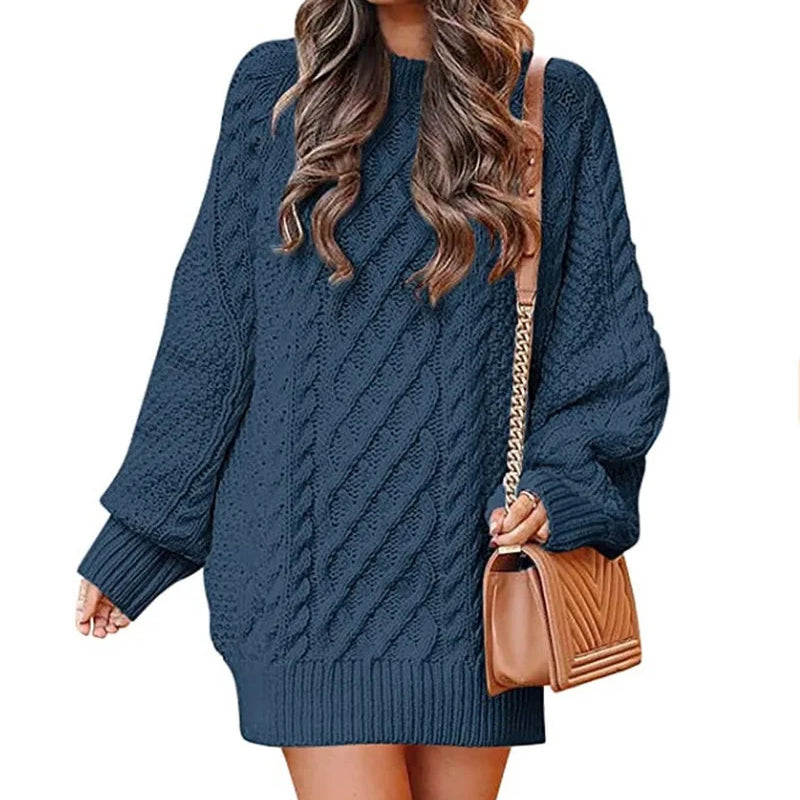 13 Colors Women Crewneck Long Sleeve Oversized Tops Cable Knit Chunky Pullove Thick Autumn and Winter Sweater Dresses Blue