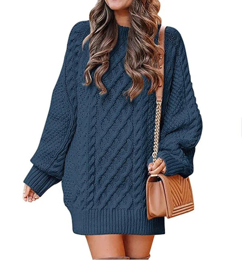 13 Colors Women Crewneck Long Sleeve Oversized Tops Cable Knit Chunky Pullove Thick Autumn and Winter Sweater Dresses Blue