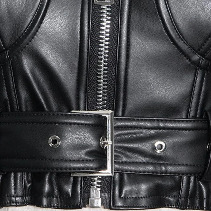 Y2k Black Faux Leather Crop Top Women Square Neck Long Sleeve Zipper Cropped Jacket 2021 Sexy Backless Fashion 5xl 6xl