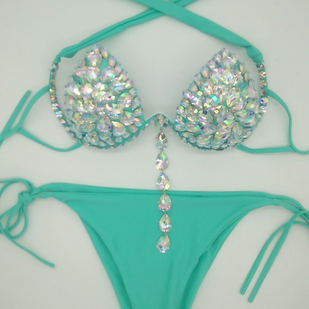 Sexy Gathered Crystal Diamond Bikini Luxury Rhinestone Women's Swimsuit Push Up Halter Straps Triangle Bathing Suit Lake Blue