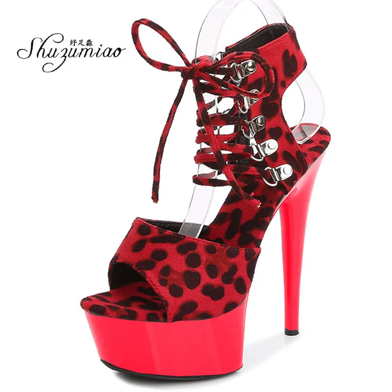 Fashion Shoes Women Stripper Shoes Platform Sandals Girls Leopard Clear High Heels Shoes Strap Sandal Femmes Sandales