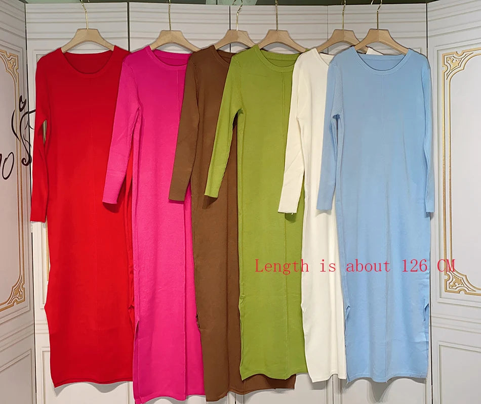2024 Casual Midi Knit Dress Women's O-neck Long Sleeve Split Straight Dresses 2023 New Autumn Pure Color Knit Vestidos
