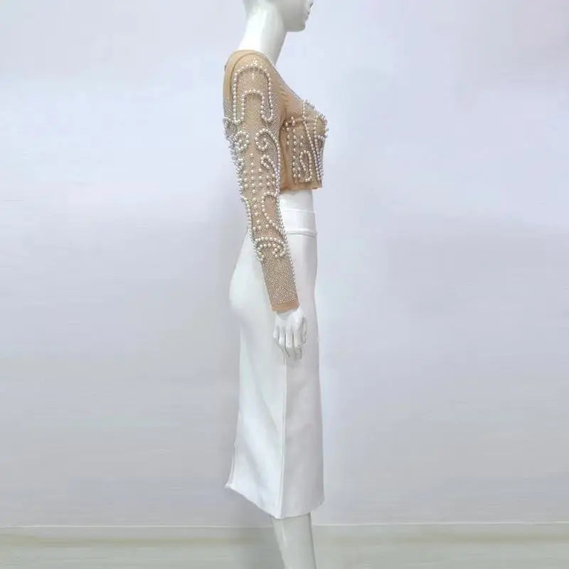 Women Autumn Sexy Diamonds Beading Mesh Crystal Long Sleeve Two Pieces Rayon Bandage Sets Ladies White Designer High Street Sets